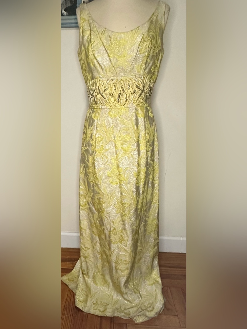 Vintage Handmade Yellow Floral Brocade Maxi Dress with Ruched Beaded Waist